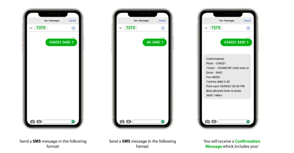 dubai parking sms format